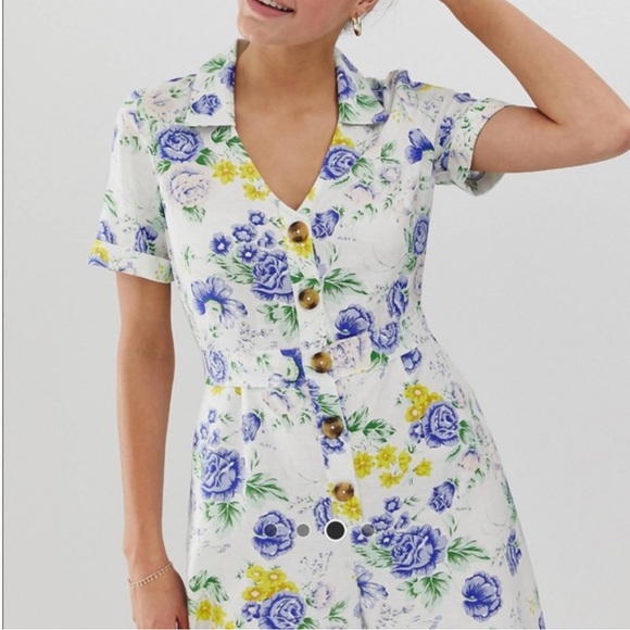 ASOS DESIGN cotton/linen floral print button front collar jumpsuit,Vintage look! - Picture 3 of 10